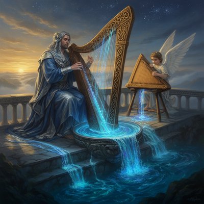 A wide-angle, epic and majestic fantasy-realism style illustration for ArtStyles, based on Psalm 92:3, capturing a grand, celestial-inspired musician at dawn. In a mystical, open-air temple balcony under a starry sky a majestic figure with blue and silver robes is seated. Before the figure are two elaborate instruments.
One is a unique, gilded and carved wooden harp with a distinct triangular frame, which is explicitly and clearly shown with EXACTLY 10 AND ONLY 10 distinct, visible, and countable strings stretched taut. The strings are glistening with cool, deep blue and golden light as the musician plucks them. Nearby, a beautiful, multi-stringed wooden psaltery (a trapezoidal zither-like instrument) sits on a stand being played by an angel.
As the musician plays, glowing streams of illuminated, cascading blue and indigo water, visualized as physical music, emanate directly from the vibrating strings of both the ten-string harp and the psaltery. This water-music does not fall as rain, but flows down and out in majestic, powerful, yet gentle streams, just like an outpour from a vessel. The water-music pools into a crystal-clear basin below the instruments, and then cascades over a series of carved crystal steps, spreading out across the temple floor and into a valley, illustrating the sound going out. The "solemn sound" is visualized through the deep, rich colors of the flowing water and the light within it, and the steady, powerful, and calming nature of the flow. The atmosphere is solemn, peaceful, and epic. No text or labels are on screen. The lighting is early morning gold and blue. Detailed fabric textures and wood grain are visible.