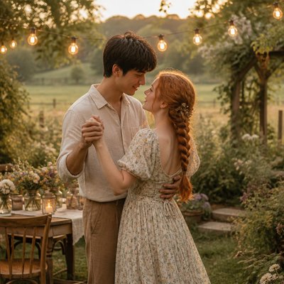 an original couple dancing under string lights in a garden at dusk: a man with short black hair in a linen shirt and a woman with braided red hair in a summer dress