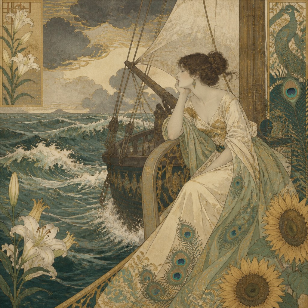 sailing ship on a stormy sea — Aesthetic Movement Art Style