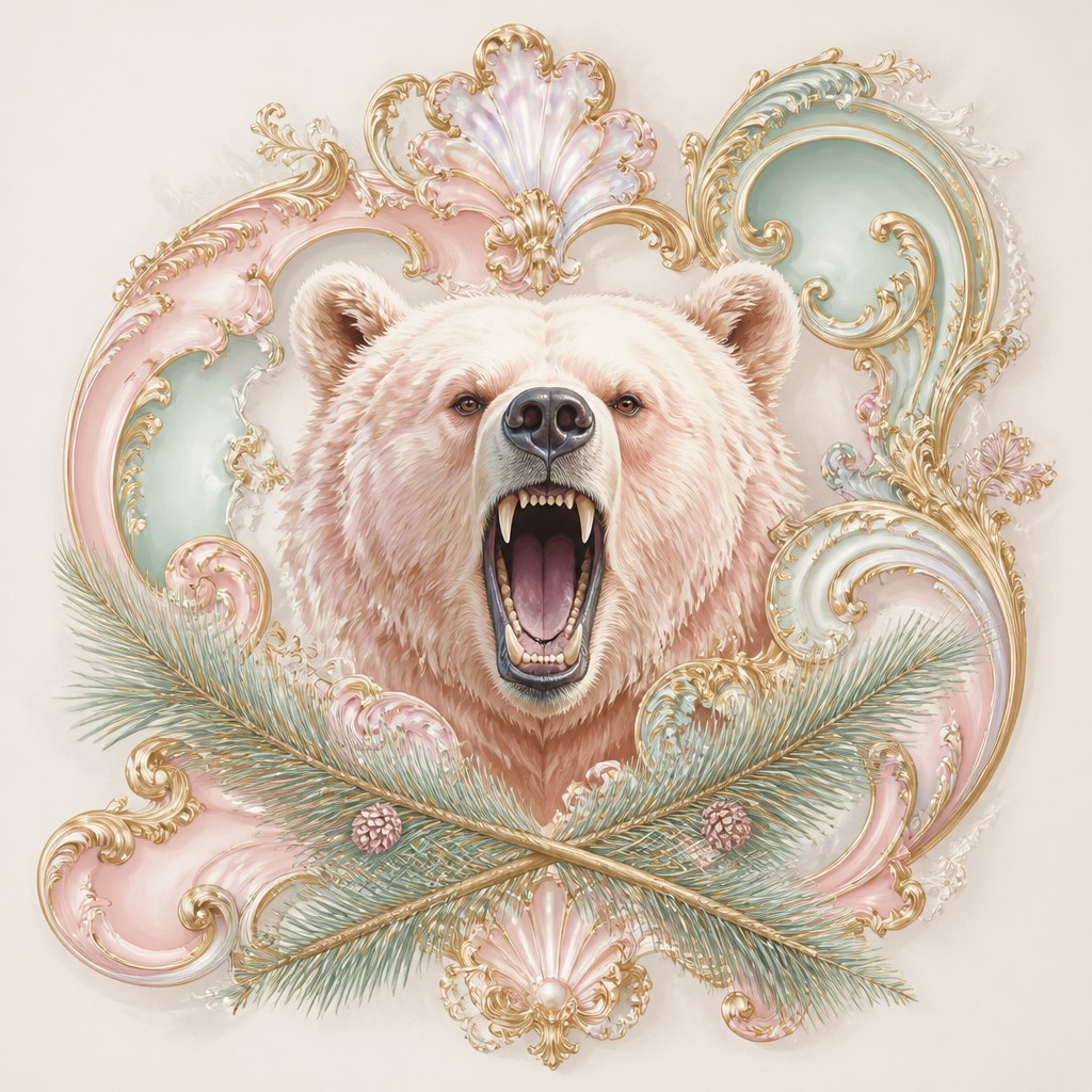 a roaring bear head above crossed pine branches, bold graphic composition on a plain background, no text