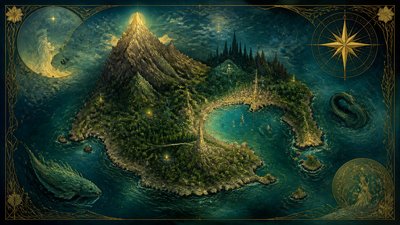 a map of an island realm with mountains, forests, a sheltered bay, sea monsters in the water and a compass rose, no text labels