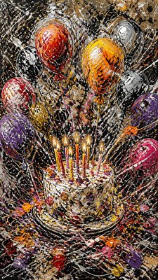 a birthday cake with lit candles surrounded by balloons and confetti, festive vertical composition, no text