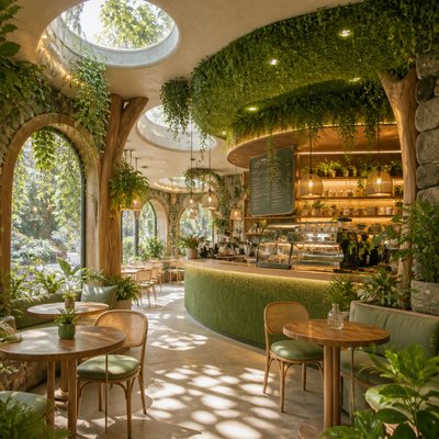 cozy cafe interior with warm lighting