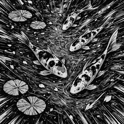 A koi pond seen from above, orange and white koi fish swimming among lily pads, clear water with subtle ripples, fallen cherry blossom petals floating on the surface, dappled sunlight