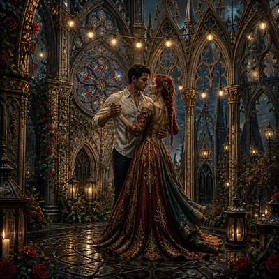 an original couple dancing under string lights in a garden at dusk: a man with short black hair in a linen shirt and a woman with braided red hair in a summer dress