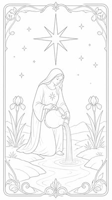 a robed figure pouring water beneath a large eight-pointed star in a night sky, symmetrical composition with an ornate decorative border, no text