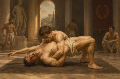 a painting of two men wrestling in a room