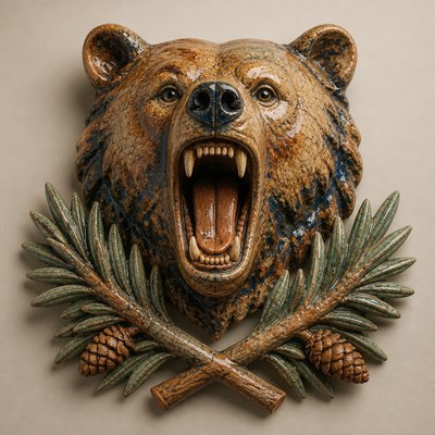 a roaring bear head above crossed pine branches, bold graphic composition on a plain background, no text