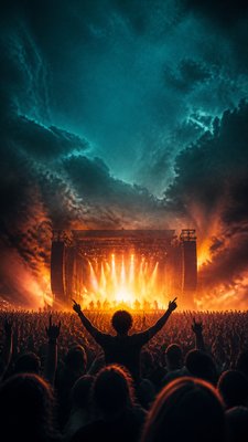 a live music scene with a glowing stage and silhouetted crowd, energetic vertical composition with open space at the top, no text