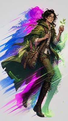 full-body original character: a wandering botanist with a satchel of plants, a patched green cloak, tall boots and round glasses, neutral background