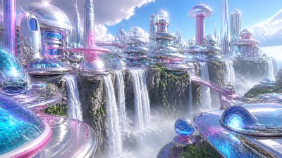 a cliffside city with waterfalls cascading into a misty canyon, wide establishing shot, no people, no text