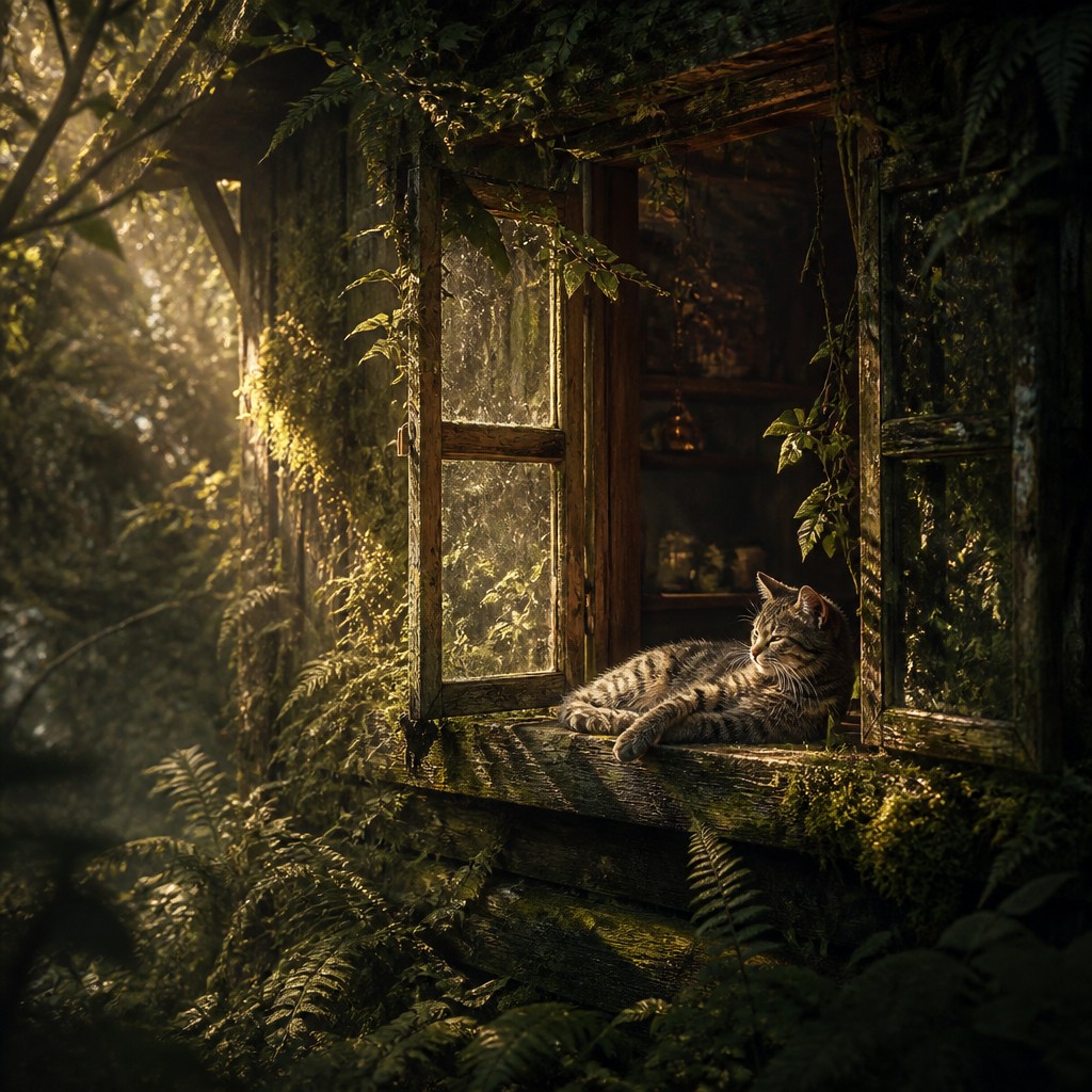 a cat lounging in a sunlit window — Forestcore Aesthetic