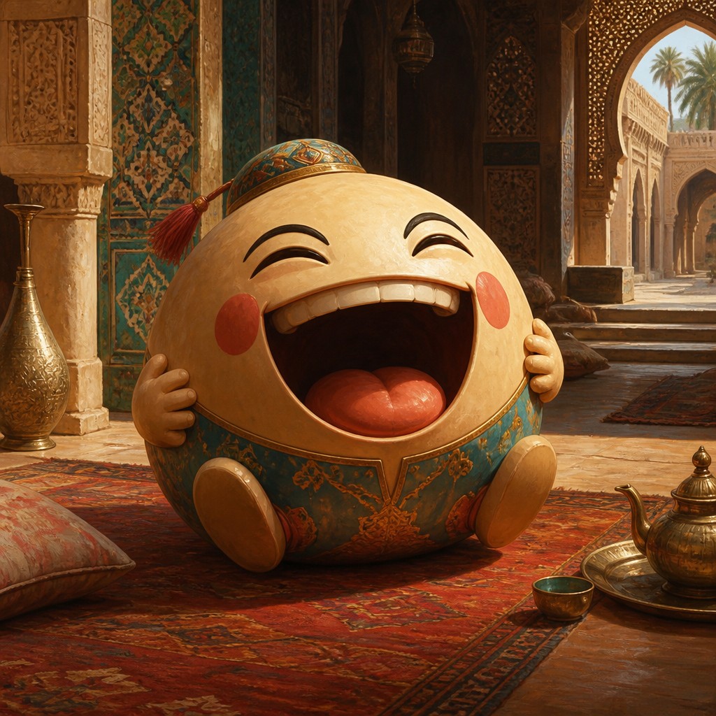 an exaggerated laughing face of an original round mascot character, bold and readable at small size, plain background, no text