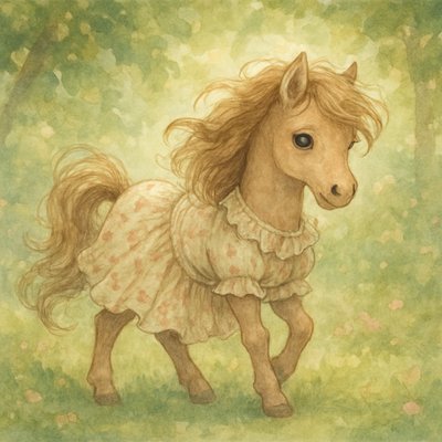 whimsical little horse, intricate details, watercolor-dream mood, gentle movement in the mane and tail, expressive eyes, cinematic depth and color, only the little horse is present in the image