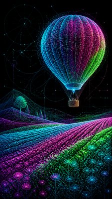 a hot air balloon drifting over rolling flower fields on a sunny day, cheerful, no text
