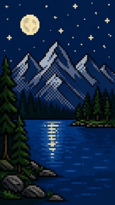 a tranquil mountain lake beneath a starry night sky, no people, no text