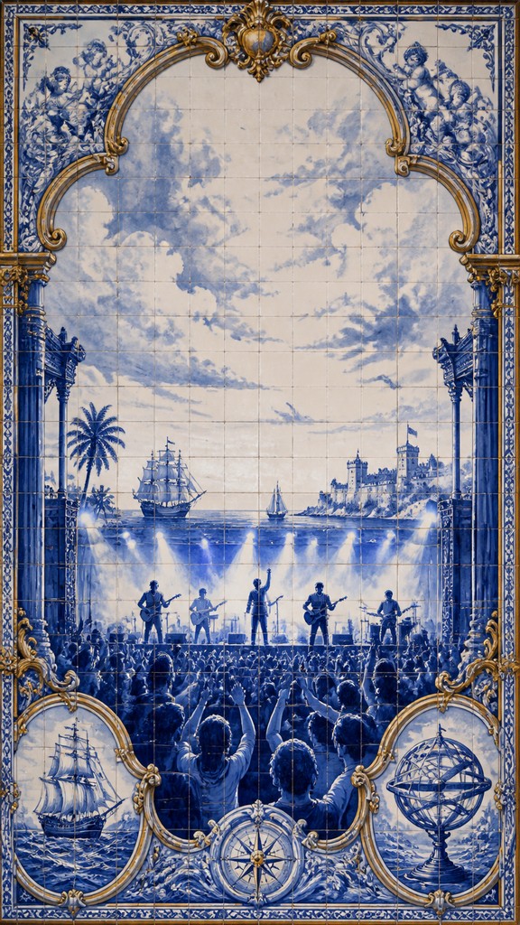 a live music scene with a glowing stage and silhouetted crowd, energetic vertical composition with open space at the top, no text