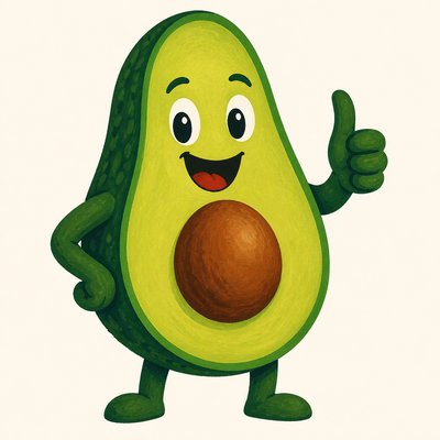 a happy avocado character giving a thumbs up, bold readable design on a plain background, no text