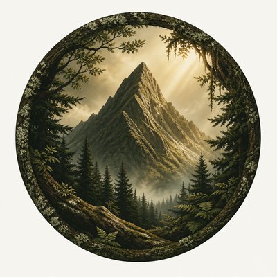 an emblem of a mountain peak inside a circle, simple bold shapes on a plain background, no text or lettering