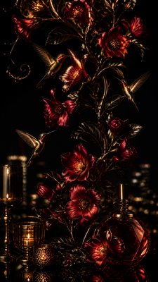 a climbing vine of flowers and hummingbirds on a dark background, tall wrapping composition, no text
