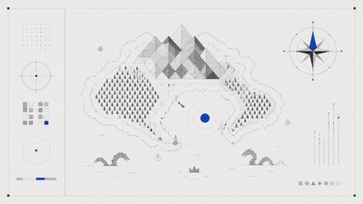 a map of an island realm with mountains, forests, a sheltered bay, sea monsters in the water and a compass rose, no text labels