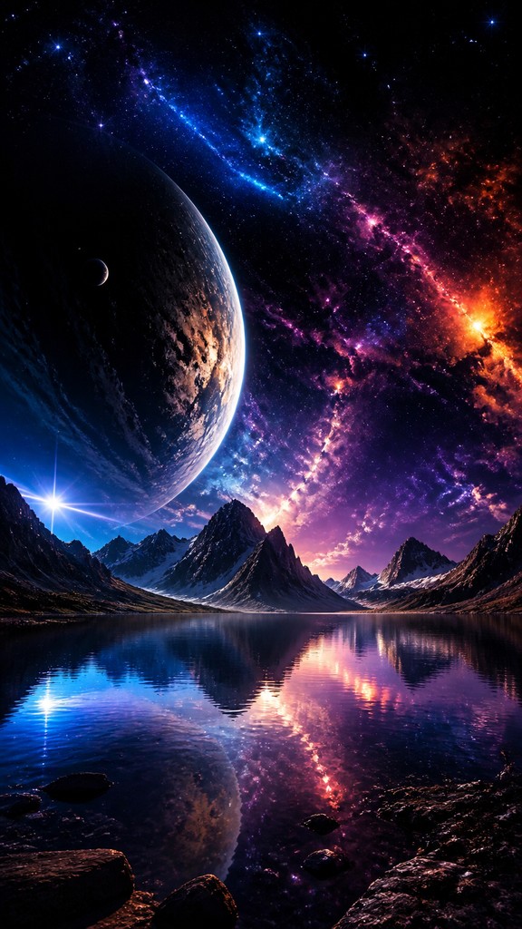 a tranquil mountain lake beneath a starry night sky, no people, no text