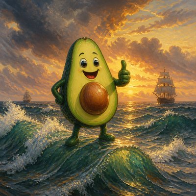 a happy avocado character giving a thumbs up, bold readable design on a plain background, no text