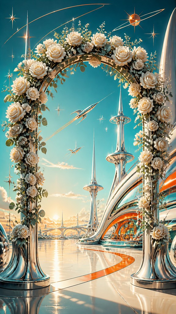 an arch of white roses and eucalyptus in soft morning light, elegant vertical composition with open space, no text