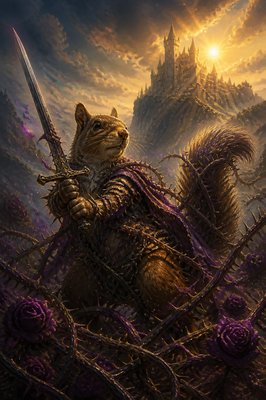 A high-quality fantasy banner, detailed, professional, visually striking  A squirrel holding a sword. A thorn bush entwines the squirrel. Purple.