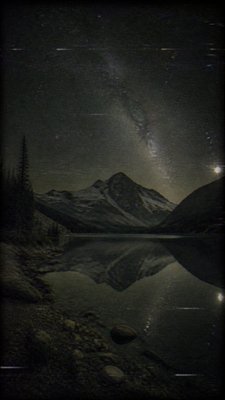 a tranquil mountain lake beneath a starry night sky, no people, no text