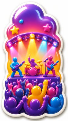 a live music scene with a glowing stage and silhouetted crowd, energetic vertical composition with open space at the top, no text