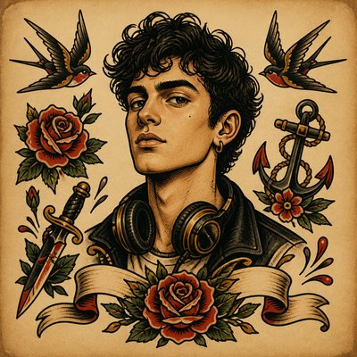 head-and-shoulders portrait of an original character: a young man with curly dark hair and headphones around his neck, plain backdrop, no text