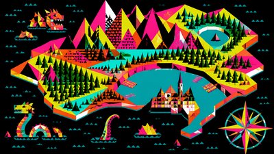a map of an island realm with mountains, forests, a sheltered bay, sea monsters in the water and a compass rose, no text labels
