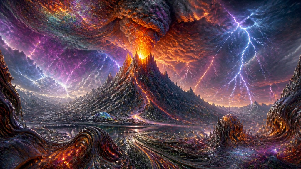 an erupting volcano with lightning strikes, dramatic wide composition, no text
