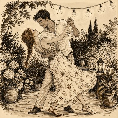 an original couple dancing under string lights in a garden at dusk: a man with short black hair in a linen shirt and a woman with braided red hair in a summer dress