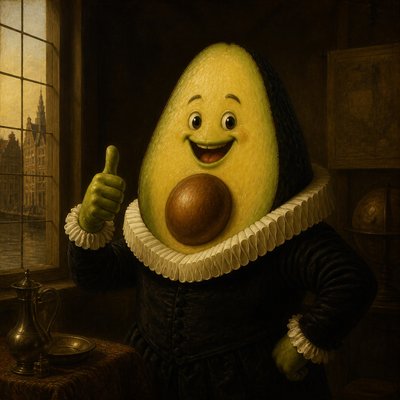 a happy avocado character giving a thumbs up, bold readable design on a plain background, no text