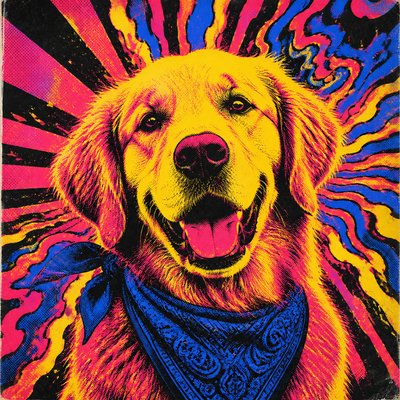 portrait of a golden retriever wearing a blue bandana, warm plain backdrop, no text