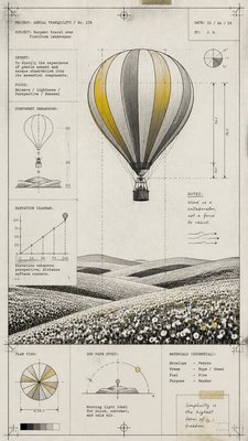 a hot air balloon drifting over rolling flower fields on a sunny day, cheerful, no text