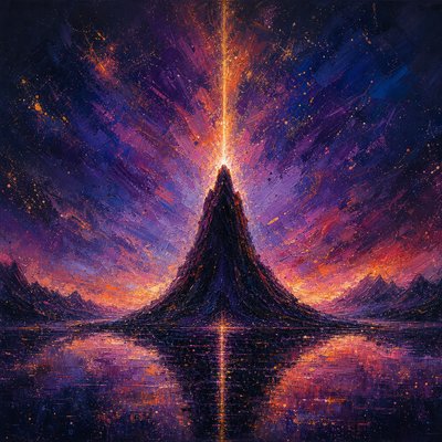 a painting of a mountain with a bright light coming out of it