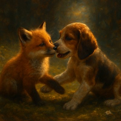 "Photorealistic image of a red fox pup and a hound puppy, in playing together. Set in a sun-dappled forest clearing with soft moss and wildflowers. Warm, golden-hour lighting. Emphasize tenderness, trust, and youthful affection. Highly detailed fur textures. Evokes the movie 'The Fox and the Hound' but with real animals.