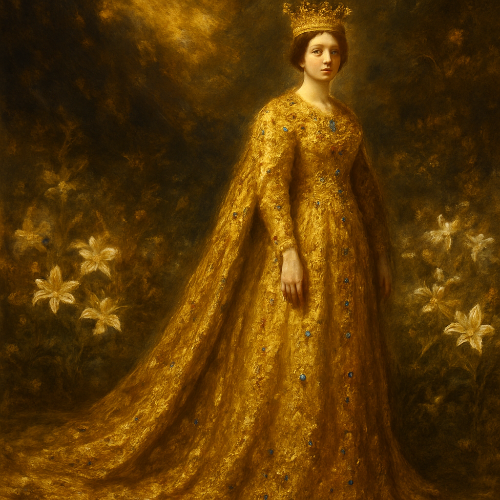 Oil Painting Art Style, Baroque Art Style, a breathtakingly majestic and regal full-length portrait of "The Queen in Gold of Ophir," inspired by Psalm 45. The Queen stands with impeccable grace and royal dignity, her posture radiating quiet power. Her expression is serene, gentle, and profoundly gracious, with a subtle, noble peace. She is adorned in an exquisitely elaborate gown woven entirely from the finest, purest gold of Ophir, which shimmers and gleams with unparalleled brilliance, featuring a magnificent, flowing long train that sweeps gracefully behind her across the ground. Her attire is intricately embellished with countless precious jewels—sapphires, rubies, and emeralds—each sparkling intensely with Baroque dynamism. A delicate yet regal golden crown, also ablaze with light, rests upon her head. The setting is a serene yet grand sacred garden abundant with white and golden lilies, which bloom richly around her feet and extend into the softly focused background. The scene is bathed in dramatic, warm, golden ambient light that creates striking highlights on her golden gown and the lilies, making her and her lavish garments glow amidst the natural beauty. Focus on the unparalleled brilliance, texture, and radiant shine of her golden gown and its sweeping train, the intense sparkle of her jewels, her majestic yet gentle presence, and the luxurious, sacred atmosphere created by the golden light and the symbolic lilies, befitting a queen in God's presence.