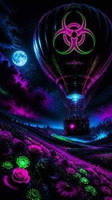 a hot air balloon drifting over rolling flower fields on a sunny day, cheerful, no text
