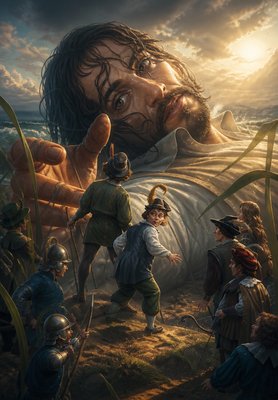 a painting of a man in a field surrounded by other people