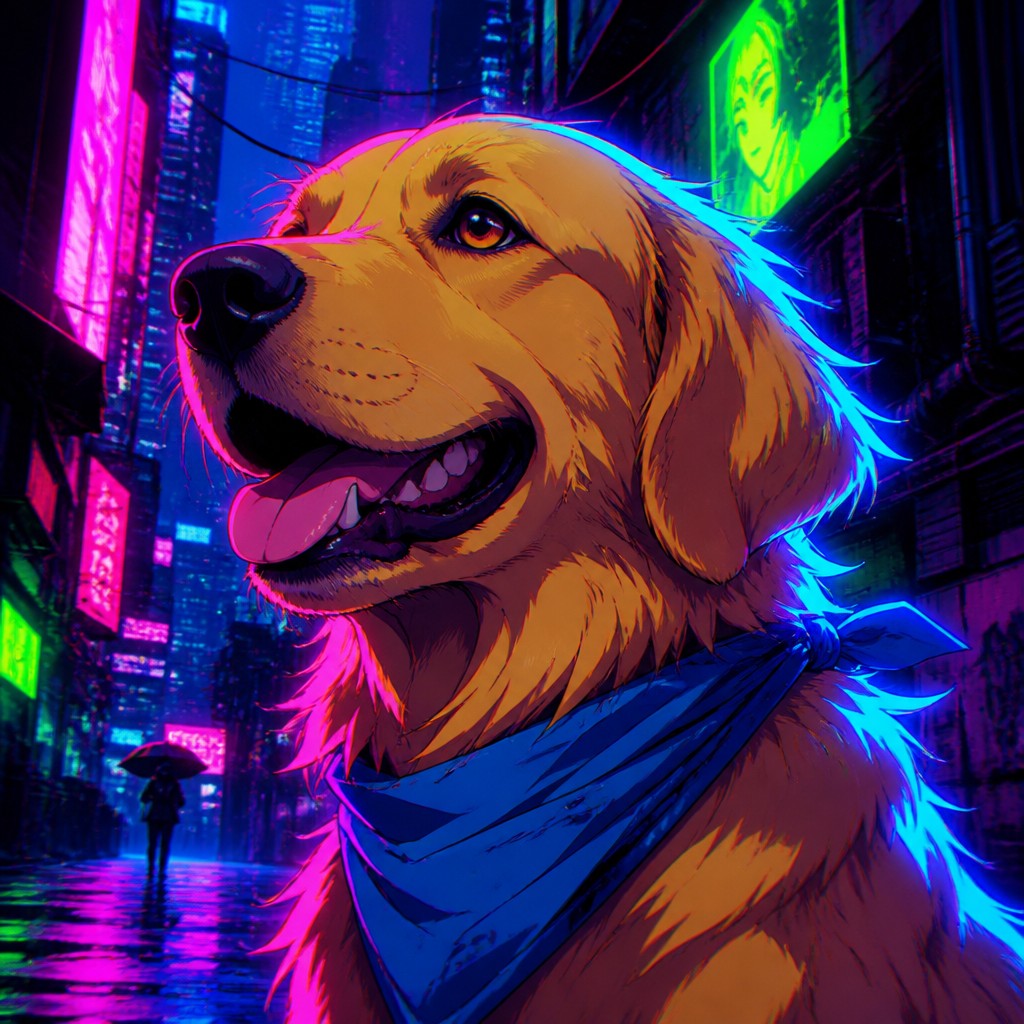 portrait of a golden retriever wearing a blue bandana, warm plain backdrop, no text