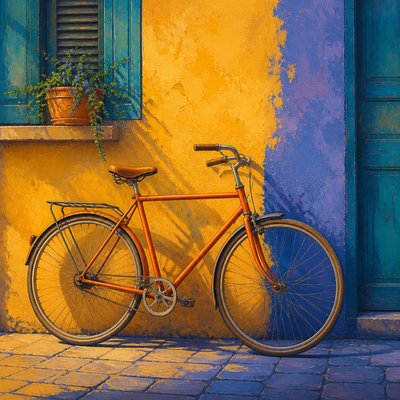 bicyle resting against a wall — Split-Complementary Colors Art Style