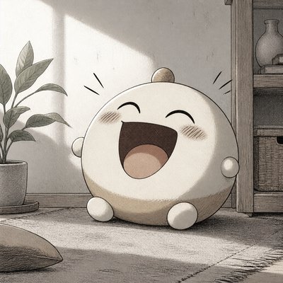 an exaggerated laughing face of an original round mascot character, bold and readable at small size, plain background, no text