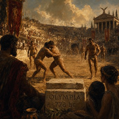 a painting of men wrestling in a roman arena