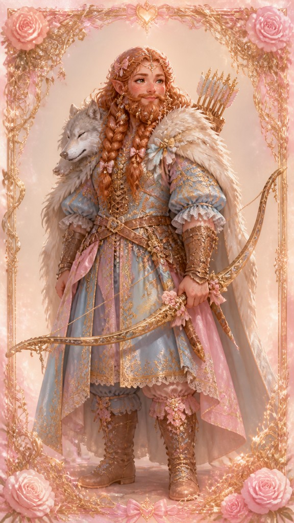 full-body original character: a dwarven ranger with a braided auburn beard, worn leather armor, a longbow and a wolf-pelt cloak, neutral background, no text