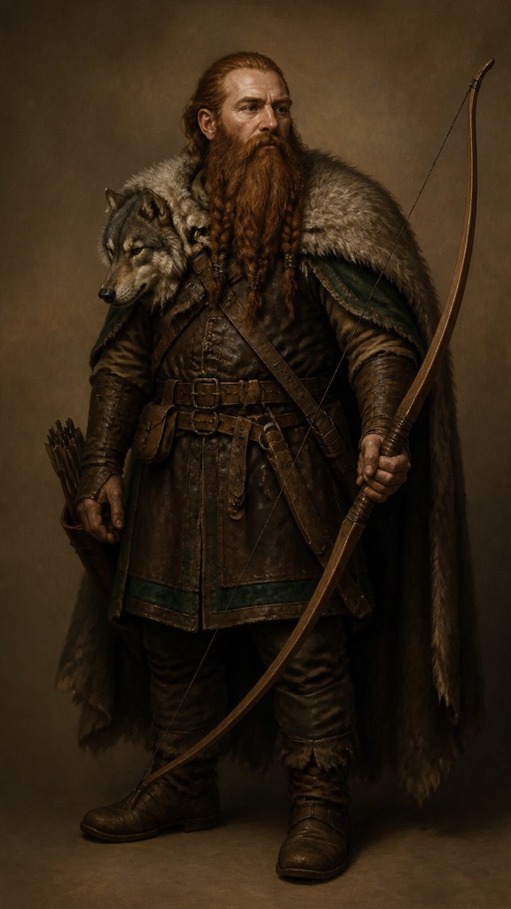 full-body original character: a dwarven ranger with a braided auburn beard, worn leather armor, a longbow and a wolf-pelt cloak, neutral background, no text