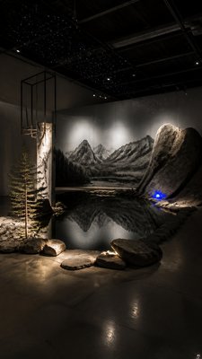 a tranquil mountain lake beneath a starry night sky, no people, no text